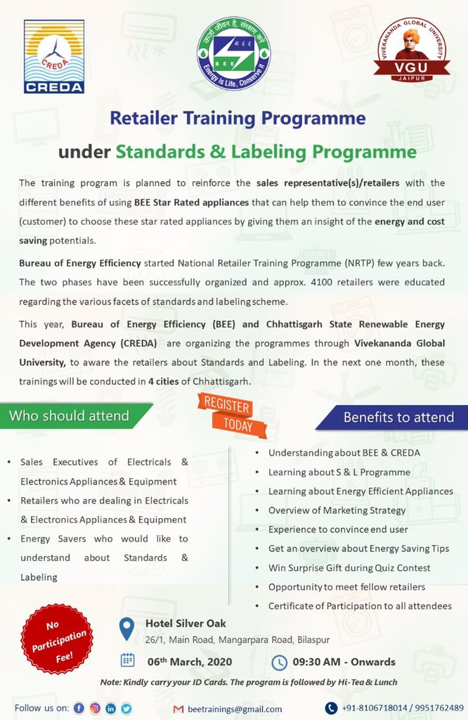 AnujEnergy's tweet photo. Speaking at Retailer Training Programme tomorrow at Bilaspur. Do join us and understand about Standards & Labeling Programme. @beeindiadigital @VGUJaipur @CREDAChhattisg1 @Design2O #RetailerTrainingProgramme https://t.co/qE5eCFUpaJ