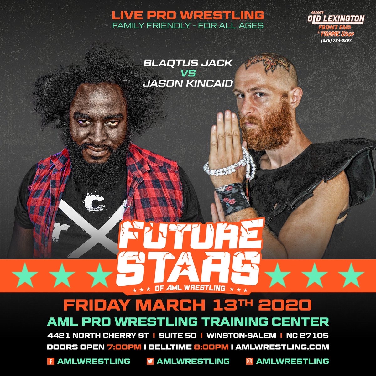 AMLWrestling's tweet photo. Jason Kincaid visits the Future Stars Division to take on Blaqtus Jack on 3/13/20
AML Pro Wrestling Training Center 4421 N. Cherry St/Suite 50
Winston-Salem, NC
First Match at 8pm
Tix from $5 at https://t.co/1fYD6mX7nC or at the venue while they last https://t.co/9A1ufqeGqx