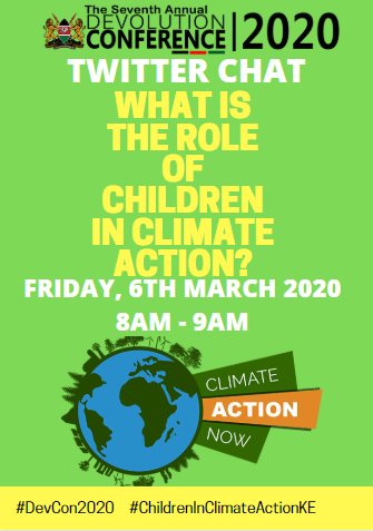 KenyaGovernors's tweet image. What is the role of Children in Climate Action?
Join us tomorrow at 8am-9am as we discuss this and their contribution to #DevCon2020 #ChildreninClimateActionKE