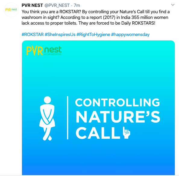 PVR_NEST's tweet photo. You think you are a ROKSTAR? By controlling your Nature’s Call till you find a washroom in sight? According to a report (2017) in India 355 million women lack access to proper toilets. They are forced to be Daily ROKSTARS!
#ROKSTAR #SheInspiresUs #RightToHygiene #HappyWomensDay https://t.co/n9CTEpW3sB