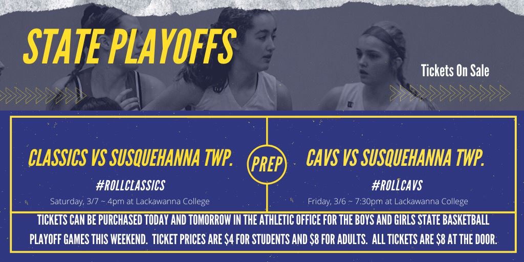 scrantonprep's tweet image. #PIAAStatePlayoff tickets are on sale at Prep starting today!  #RollCavs #RollClassics.🏀🏀💜💛