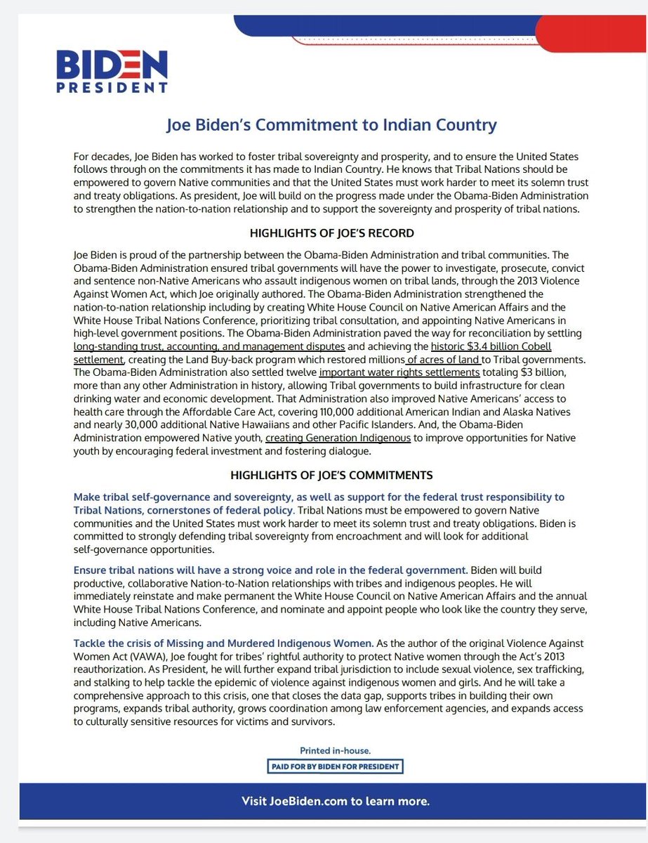 BigIndianGyasi's tweet image. Here’s @JoeBiden platform to Native Nations. It looks like Obama’s which is decent as Obama had the strongest relationship with Native Nations of any President. That’s not saying much, but he was pretty good.

Yet @ewarren @JulianCastro &amp;amp; @BernieSanders all did better. Do better.