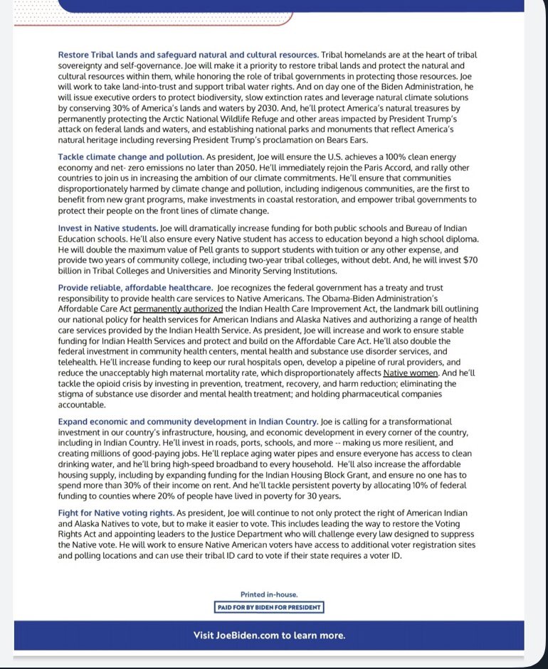 BigIndianGyasi's tweet image. Here’s @JoeBiden platform to Native Nations. It looks like Obama’s which is decent as Obama had the strongest relationship with Native Nations of any President. That’s not saying much, but he was pretty good.

Yet @ewarren @JulianCastro &amp;amp; @BernieSanders all did better. Do better.
