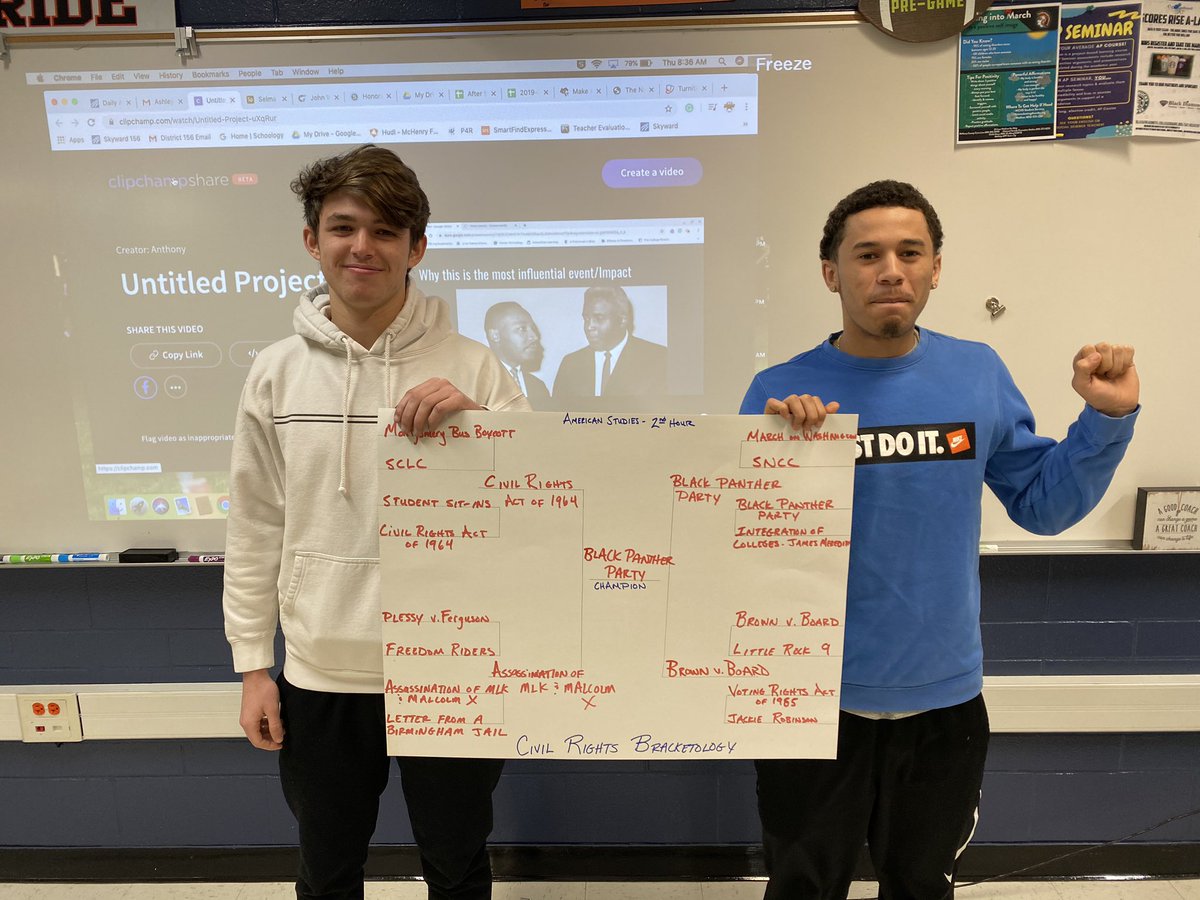 MrJonNiemic's tweet photo. 2020 American Studies Civil Rights Bracketology winners! 1st Hour winner was Brayan Escamilla representing the SNCC. 2nd Hour winners were Brian Jordan &amp; Hunter O’Brien representing the Black Panther Party. 

#WarriorPride156 https://t.co/KZBZT5L9XL