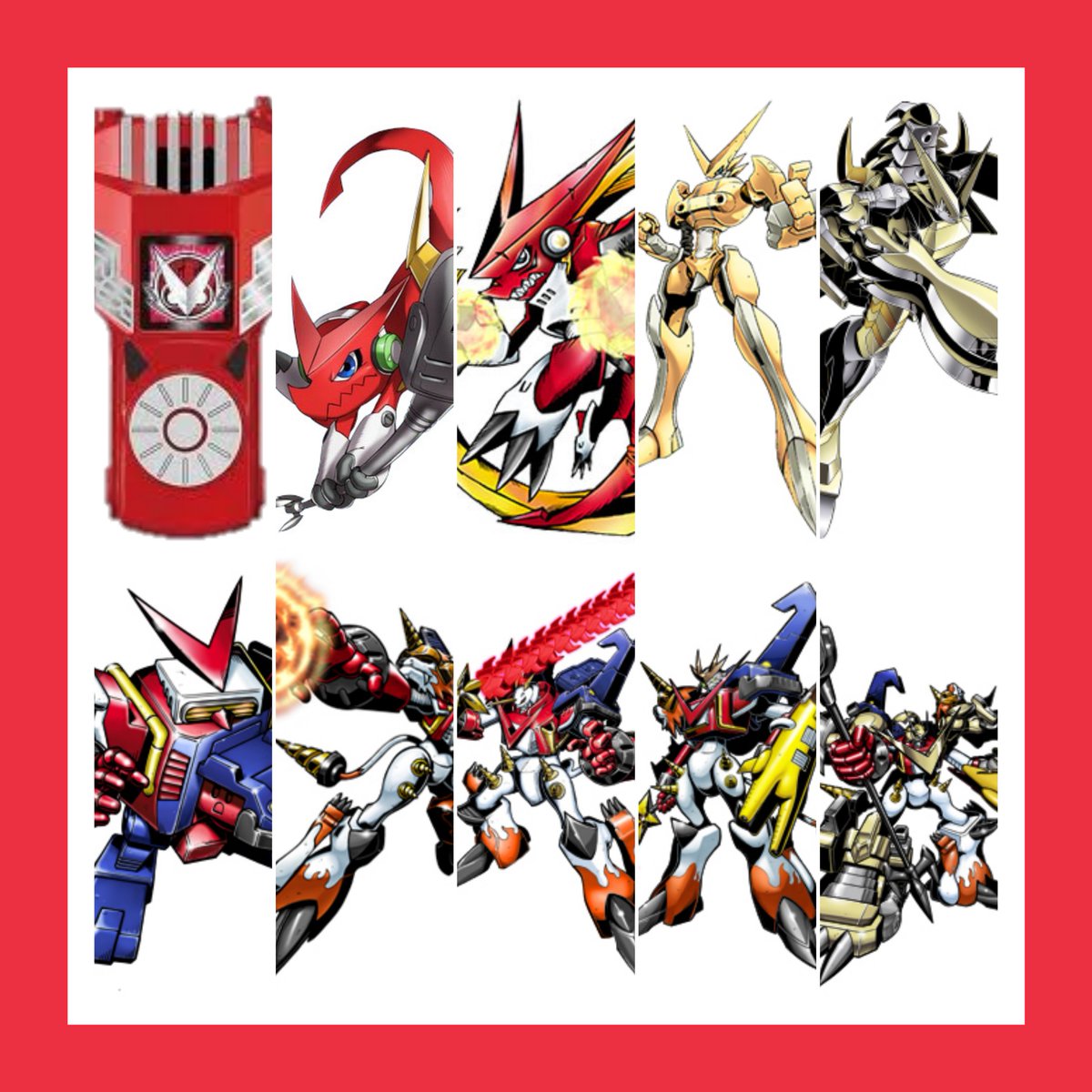 Digimon Name : #Shoutmon Special Attack : Rock Damashi Partner : Taiki (  Xros) Crest/ Symbol : Xros Heart Digivice Color : Red Attribute : Free  Field : Dragon Roar , Nature Spirit Element : Fire , Light, image size:1200x1200