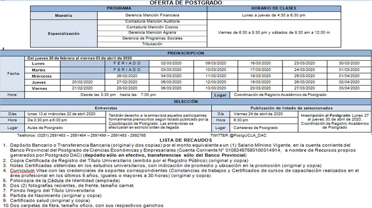 PostgUCLA_DAC's tweet photo. OFERTA DE POSTGRADO. Maestría en Gerencia Financiera; Especializaciones en: Auditoría, Costos, Gerencia Agraria, Gerencia de Programas Sociales y Tributación https://t.co/etpy6mIBGM