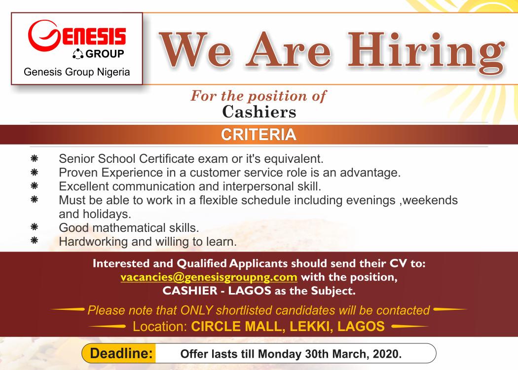 genesisgroupng's tweet photo. Four exciting new vacancies, all for Lagos. If you find any interesting and you meet the criteria kindly apply, we need you on our team.

Thanks. Good luck. #vacancy #Hiring https://t.co/52EOSJ6SNM