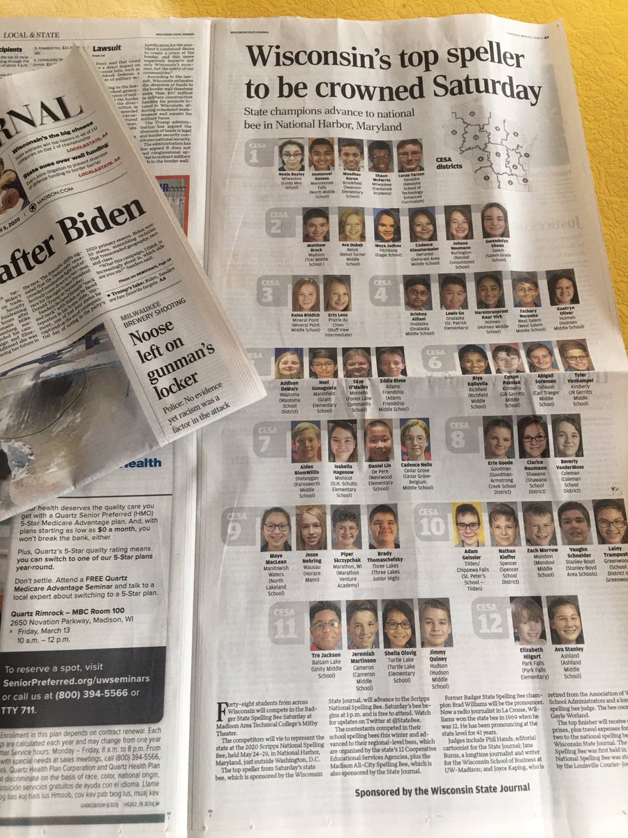 StateBee's tweet photo. Check out page A7 in today’s @WiStateJournal ! These amazing spellers will compete in Saturday’s @StateBee at @MadisonCollege’s Mitby Theater. Judges: @PhilHands @jrburns Joyce Kaping. @ScrippsBee https://t.co/v0JlKbiQ81