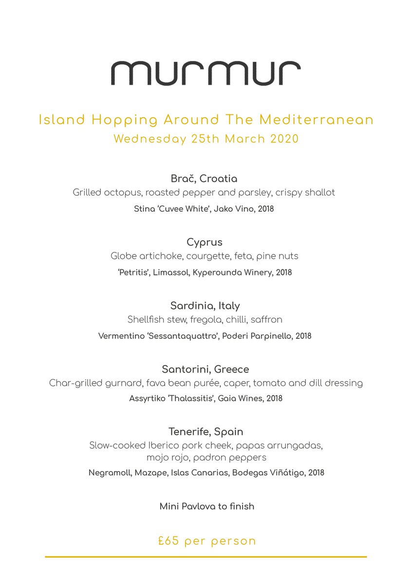 Murmur_Beach's tweet photo. In just under three weeks we are hosting an amazing evening, taking you on a journey around the islands of the Med!

£65 per person gets you five courses, and a wine from each island paired to each course.

Follow the link to book: https://t.co/TR0bPkS5Gc https://t.co/505dBPz7JZ