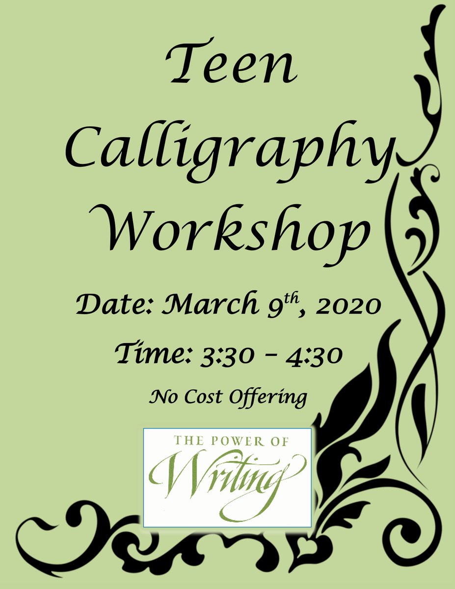 DaphneLibrary's tweet image. REMINDER: We are offering a FREE Calligraphy Workshop for Teens &amp;amp; Young Adults next Monday, March 9th @ 3:30 pm in the Community Room. If you are interested, please call 251-620-2503 to register or register in the library.