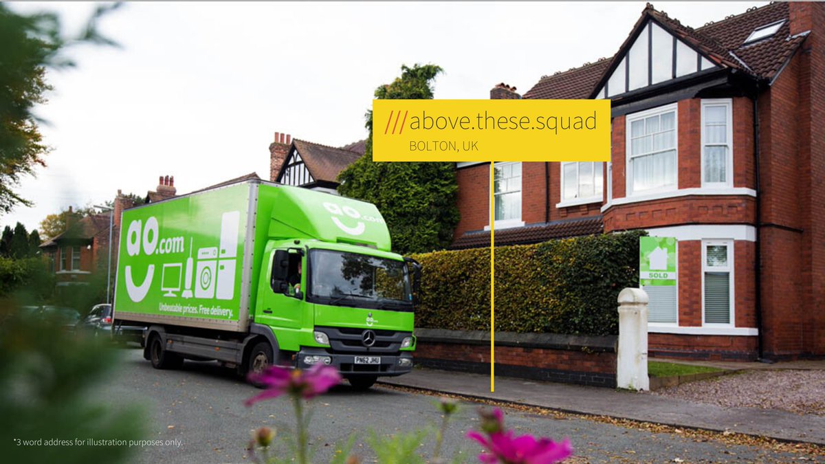 AO.COM delivery van outside house. House is labelled with what3words address: above these squad, Bolton, UK.