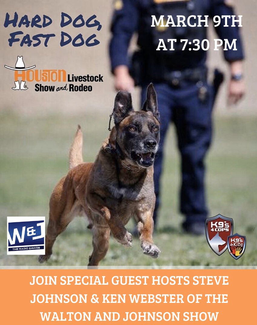 K9sOfficial's tweet image. Come join Special Celebrity Guest Hosts Steve Johnson and Ken Webster of the Walton and Johnson show announce 14 of Houston’s top K9s battle of speed! Watch them use their speedy pursuit to take down the “bad” guys!!!
⠀
#K9s4COPs #K9s4KIDs #HardDogFastDog
