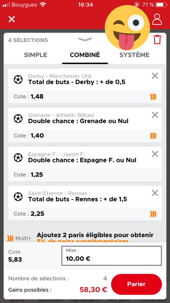pronos_r9's tweet photo. Pronostic FUN du jour 📍🤪💣.
- Derby +0,5 but 🐏⚪️
- Grenade ou nul 🇪🇸🧨
- Rennes +1,5 buts 🇫🇷🥞
- Espagne F ou nul 🇪🇸💃🏻
Cote 5.83 🤪🚨💥
➡️ Confiance 40% 🍀⚠️
Abonnez-vous, partagez et likez ❤️👊🏼
#TeamParieur #football #TeamPfutPronos https://t.co/5WG8M1AICt