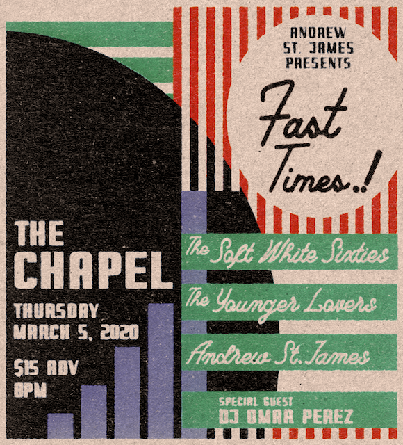 TONIGHT! FAST TIMES.! returns with <a href="/thesoftwhite60s/">TheSoftWhiteSixties</a> + The Younger Lovers + <a href="/_AndrewStJames_/">Andrew St. James</a> + DJ Omar Perez (@clubmouthwash). Doors 7pm / show 8pm / tickets available at the box office this evening!