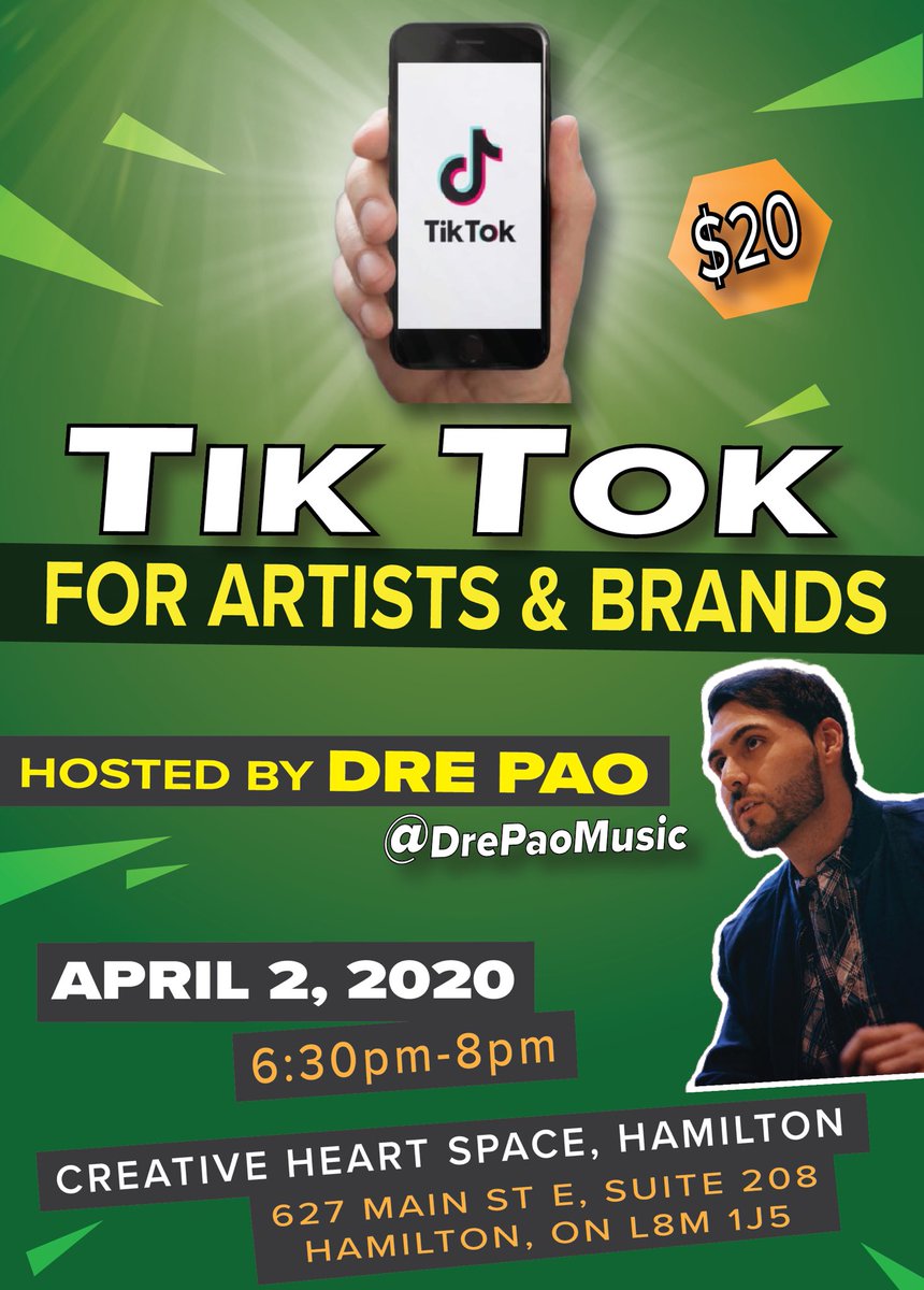 drepaoofficial's tweet photo. Excited to be hosting “TikTok for Artists, Brands, and Businesses” — Workshop and Q&amp;A! Join us in Hamilton on Thurs April 2 at @ Creative Heart Space! Tickets now available🤟🏼 — https://t.co/rL7k8aePTZ #hamont #hamontmusic https://t.co/IPWRC4W4yt
