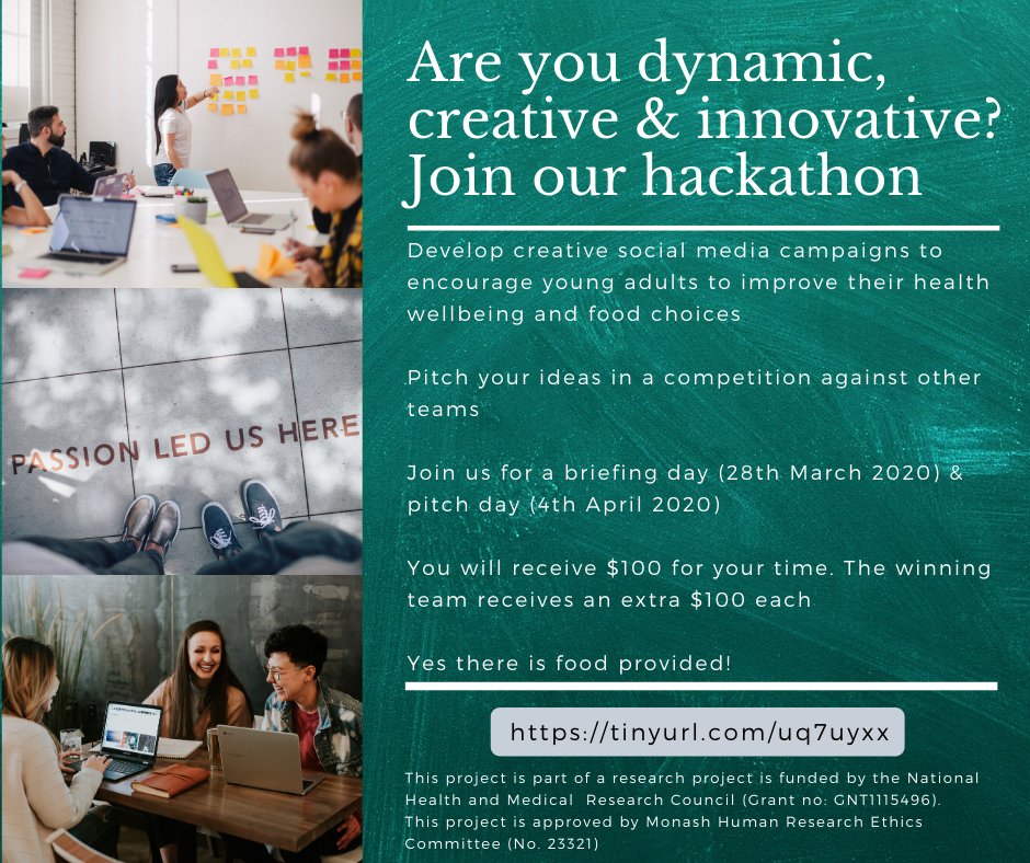 Dynamic #creative &amp; innovative? Join our #hackathon in #Melbourne to create #SocialMedia campaigns to encourage young adults to improve their health wellbeing and #food choices

Sign up at: lnkd.in/gGrbtD9