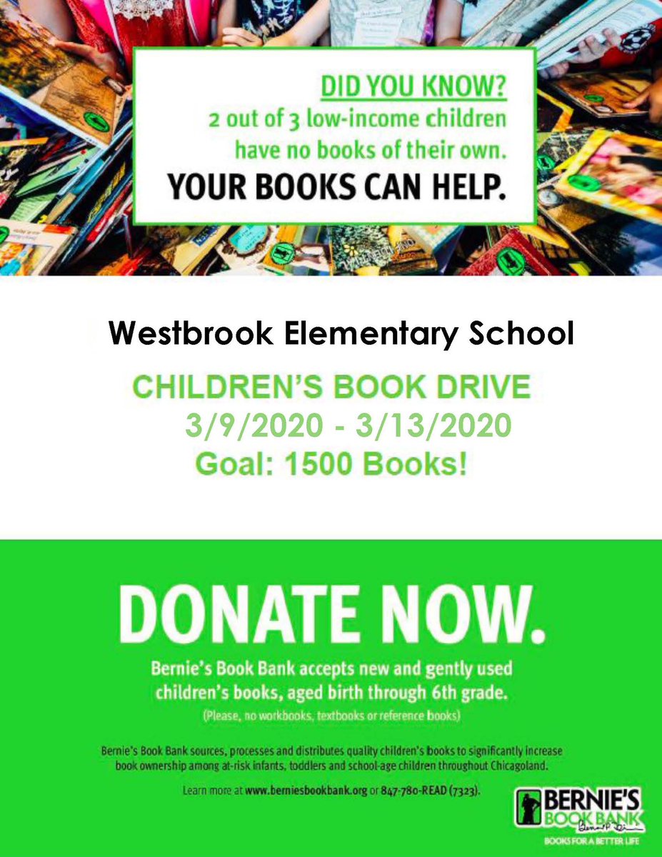 #wbpandas we need your help! Westbrook is collecting books for Bernie’s Book Bank next week 3/9-3/13! Help us reach our goal of 1500 books!!
