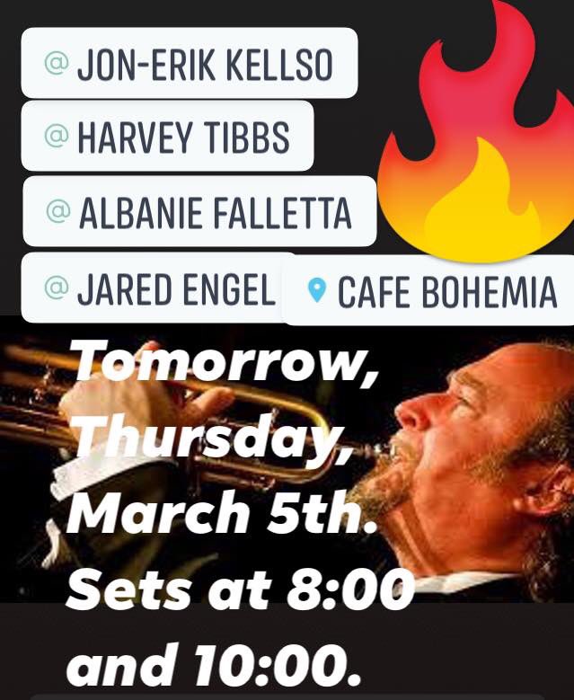 Cafe Bohemia NYC (@cafebohemianyc) on Twitter photo Repost from @JonErikKellso
Join us for another Thursday night with the sweet sounds of the Cafe Bohemia Jazz Band @JonErikKellso #AlbanieFalletta #HarveyTibbs <a href="/engel_jared/">Jared Engel</a>
Tix available for 8PM and 10PM sets 🎶🎺🎵
#cafebohemianyc #traditionaljazz #nyclivemusic #nycjazzclubs Repost from @JonErikKellso
Join us for another Thursday night with the sweet sounds of the Cafe Bohemia Jazz Band @JonErikKellso #AlbanieFalletta #HarveyTibbs <a href="/engel_jared/">Jared Engel</a>
Tix available for 8PM and 10PM sets 🎶🎺🎵
#cafebohemianyc #traditionaljazz #nyclivemusic #nycjazzclubs