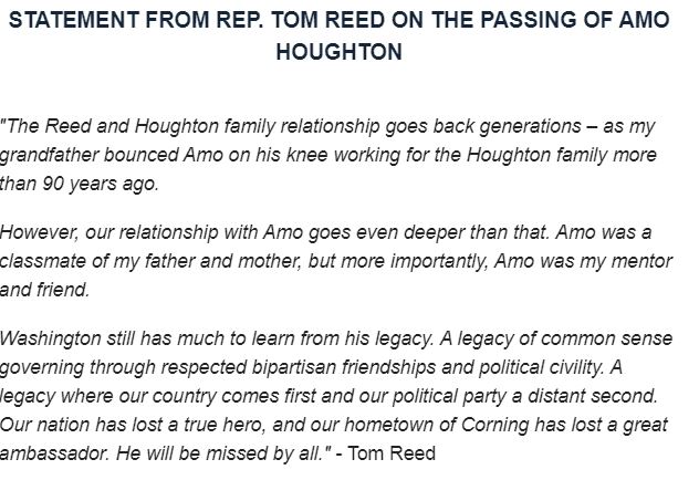 BennettLoudon's tweet photo. Just learned via Tom Reed's office that former Congressman Amo Houghton has died. https://t.co/MFi5XCHFBJ