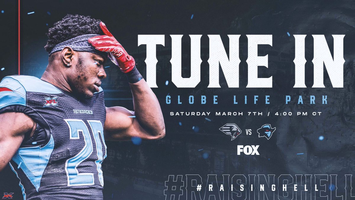 UFLRenegades's tweet image. You don't know brisket. You don't know football. You don't know Texas.

You're in over your heads, @XFLGuardians.

📆 Saturday, March 7
⏰ 4p CT
🏟 Globe Life Park
📺 @FOX4 
🎟 bit.ly/ReneTix6

#RaisingHell 🔥 #OffDutyInDallas