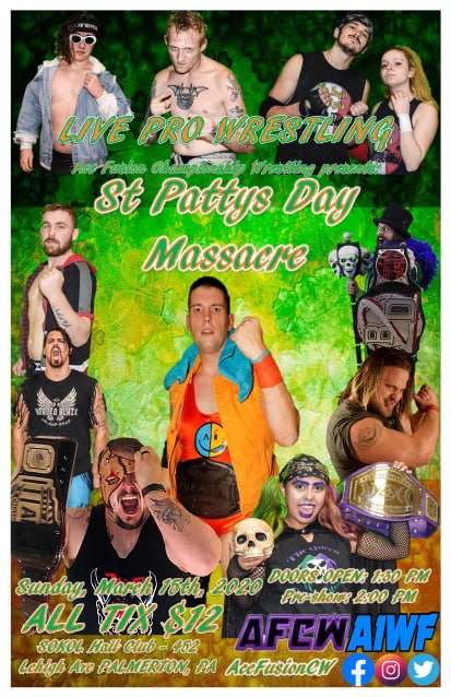 AceFusionCW's tweet photo. AFCW Fans! Let's get organized! We are 10 days from St Pattys Day Massacre so get your tickets now @ https://t.co/QzTAy8jtUz! #MadnessisContagious #MadGod #MadHatter #MadWolf #TheMonsterCometh #Resistance #MrGoodLuck #SamboShow #JadedAngel #QueenofXibalba #TheResistance #AFCW https://t.co/1k3BA3XpII