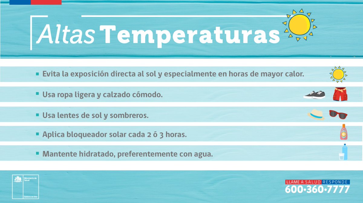 Senapred's tweet photo. #ONEMIPreviene Ante el Aviso Meteorológico de 
@meteochile_dmc que pronostica un evento de #AltasTemperaturas desde la región Metropolitana hasta la región de La Araucanía, ten en cuenta las recomendaciones del @ministeriosalud y @conaf_minagri https://t.co/6PYZvoMLo3