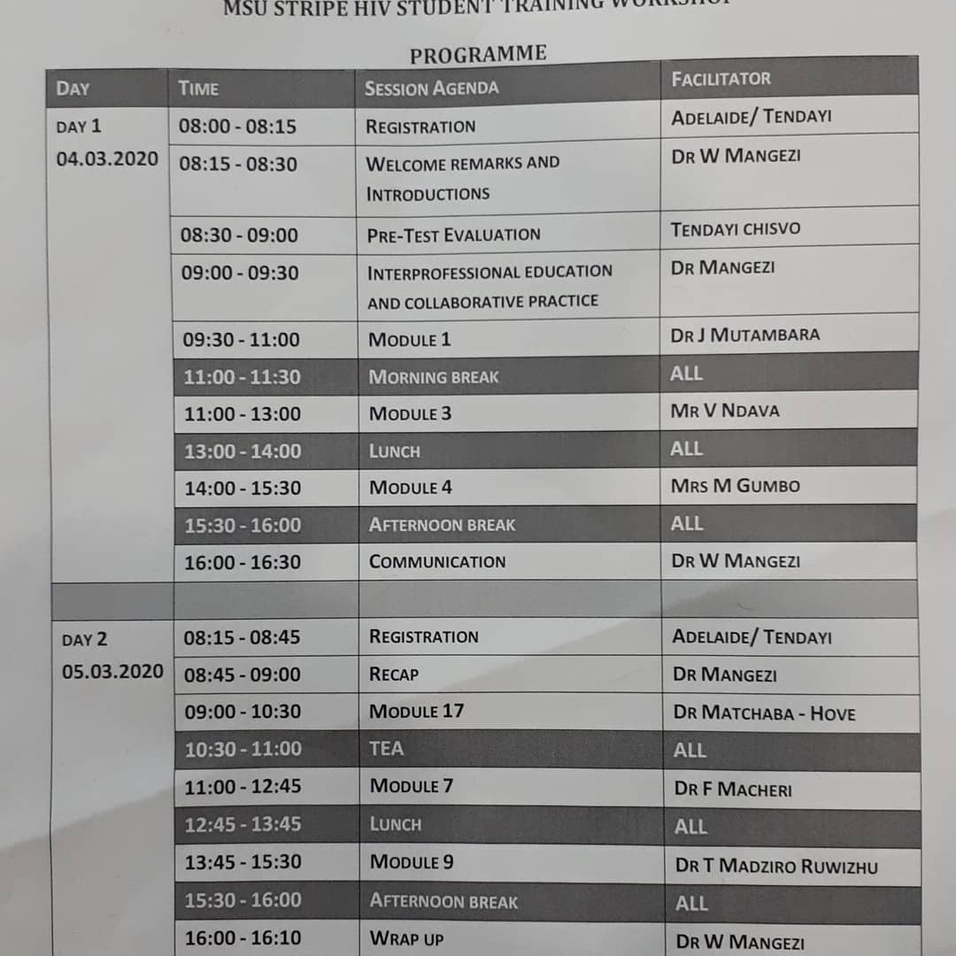 walter_mangezi's tweet photo. 5 March 2020 the MSU CHIP team delivered #stripHIV modules. The training attendees students and early career health professionals mixed. Todays faciltators: Dr Matchaba-Hove, Dr T Madziro-Ruwizhu & Dr F Macheri had excellent sessions. @UZCHSPERFECT @IGHSatUCSF #CHIP_ZimHIV #IPE https://t.co/jVK1gxeYEW