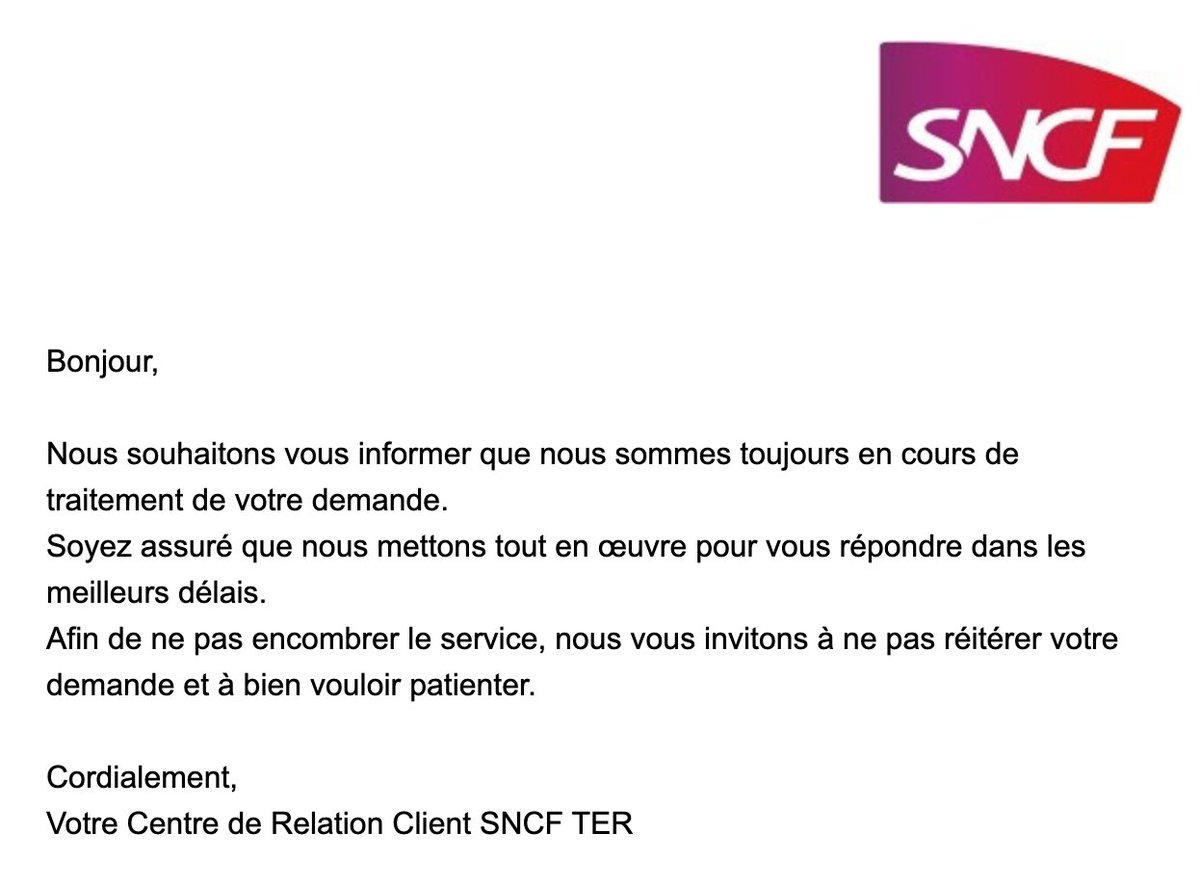 Dites donc <a href="/SNCF/">❌</a> et <a href="/TERGrandEst/">TER Grand Est</a>, cela va bientôt faire 3 mois que ma demande de remboursement de billets de train pour ma famille (suite aux grèves) est toujours en attente ?! Et aucune date de traitement indiquée ! Faudrait peut être pas pousser ! Combien de temps encore ?