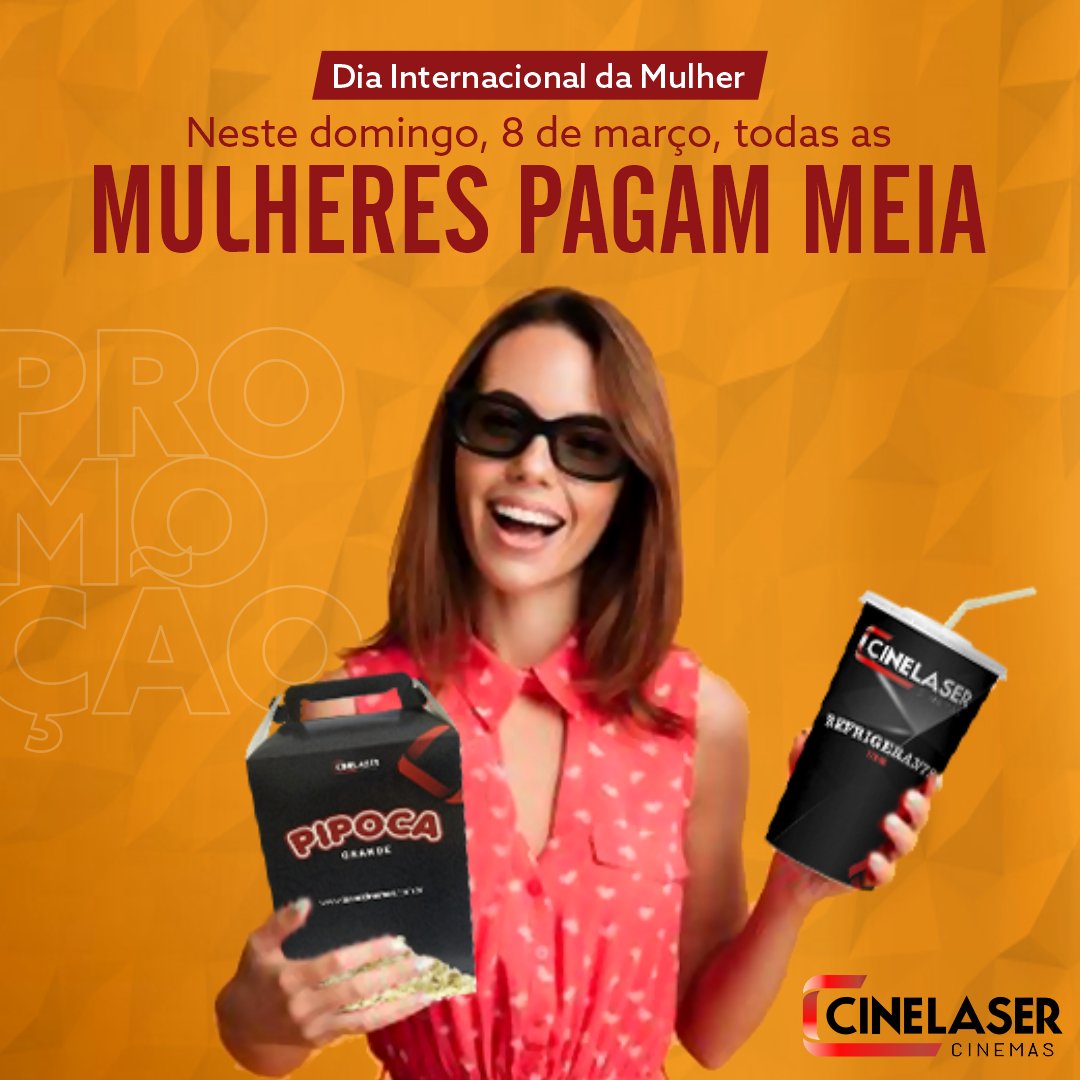 cinelaser's tweet photo. Atenção, mulheres! ⚠⚠⚠ Em comemoração ao Dia Internacional da Mulher, neste domingo, 8 de março, TODAS AS MULHERES pagam meia, em qualquer filme, em qualquer sessão! Programação e ingressos online pelo App CineLaser ou site: https://t.co/uSQoCOshot https://t.co/RqFvGYjtzb