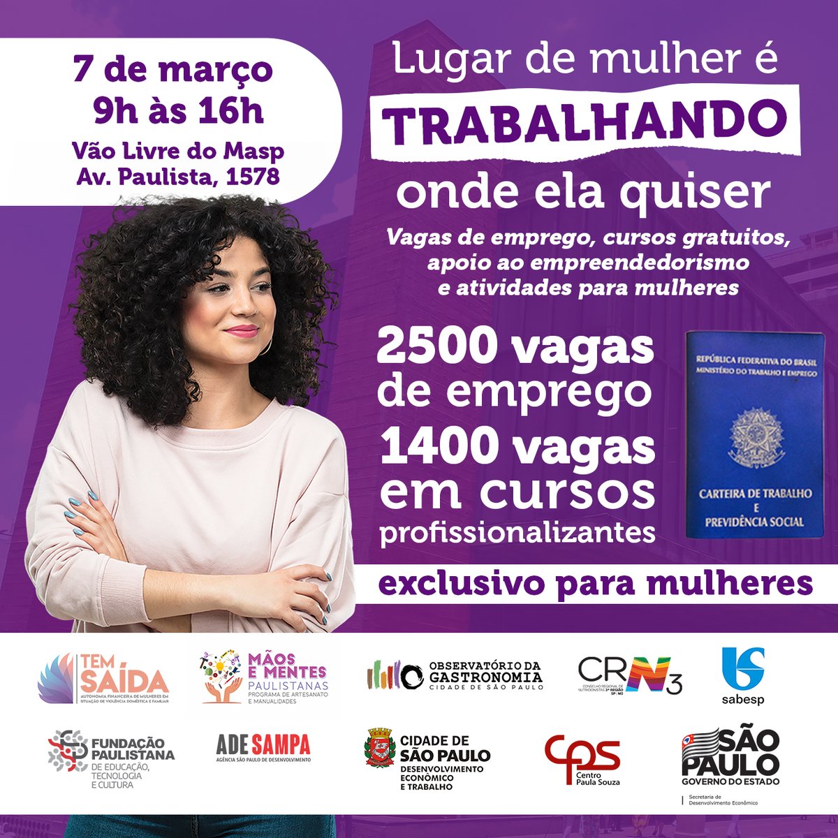 spsmdet's tweet photo. Lugar de mulher é trabalhando onde ela quiser! A Prefeitura oferece neste sábado, 7, uma série de serviços exclusivos para as mulheres no vão livre do Masp, na Avenida Paulista. São mais de 2.500 vagas de emprego, além de 1.450 vagas em cursos. Saiba mais: https://t.co/LUVaXnhT8f https://t.co/pM4OtbGTSL