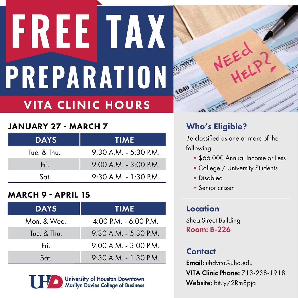 UHDCOB's tweet photo. Who likes free help? Gators do!
Check out VITA during their office hours for free tax prep.
They will be open during Spring Break, except on Tuesday 03/10.
VITA is available to the public as well! https://t.co/qQAQ6nV4fl