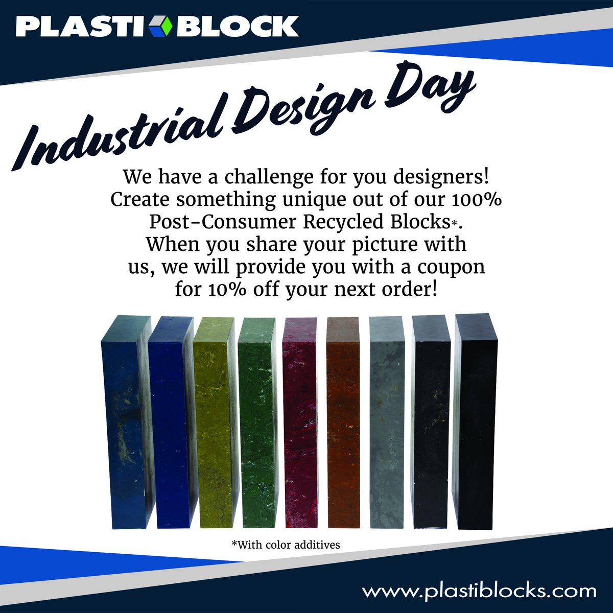 PlastiBlock's tweet photo. Happy Industrial Design Day!

We've got a challenge for you designers out there! Share what you are making with our post-consumer recycled blocks for a discount code on your next order!

#IndustrialDesignDay #Design #Create #PreciousPlastics #Discount #Deals #RecycledPlastic https://t.co/jKuMCeIzdC