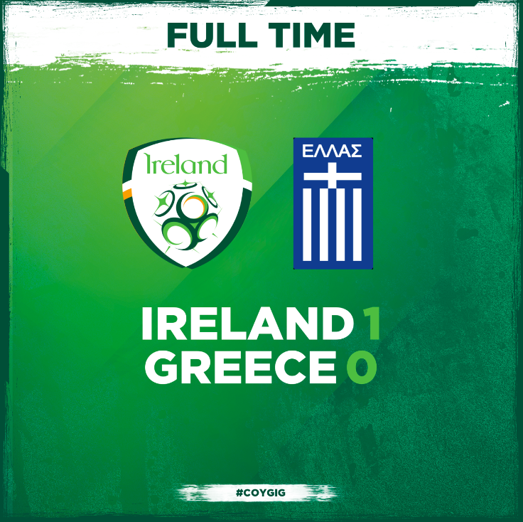 IrelandFootball's tweet photo. FULL-TIME | 🇮🇪 1-0 🇬🇷

A single goal from Diane Caldwell is the difference

Ireland remain unbeaten in Group I and now travel to Montenegro

#IRLGRE
#COYGIG https://t.co/LLazh6g4Hn