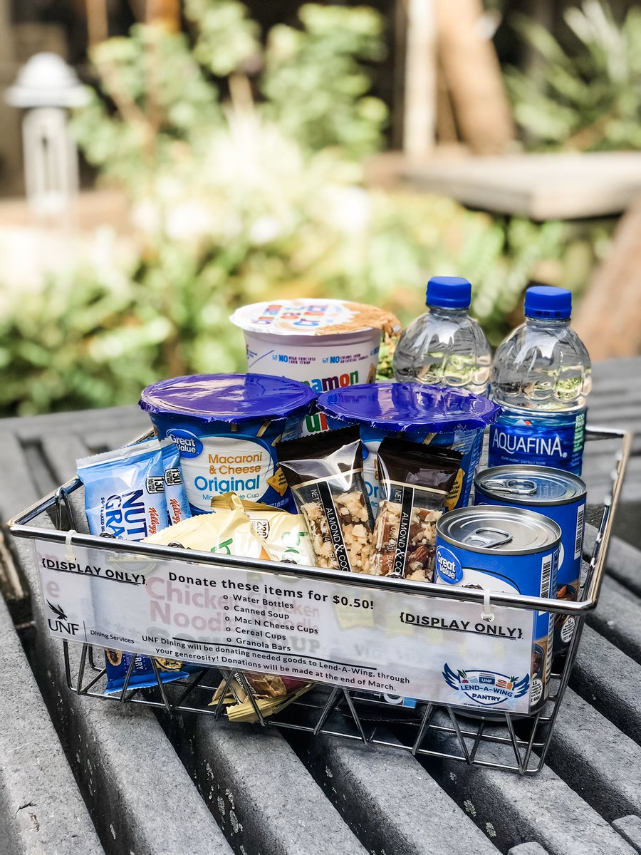 OspreyDietitian's tweet photo. • F O O D  P A N T R Y •

All of March, UNF Dining will be partnering with Lend-A-Wing by purchasing their most needed items.
🥫
YOU can help to by donating $0.50 at any dining location on campus!
🥫
Help us stock the on-campus food pantry!
#NNM2020 #CompassRDNs https://t.co/ZngmuVvbV5