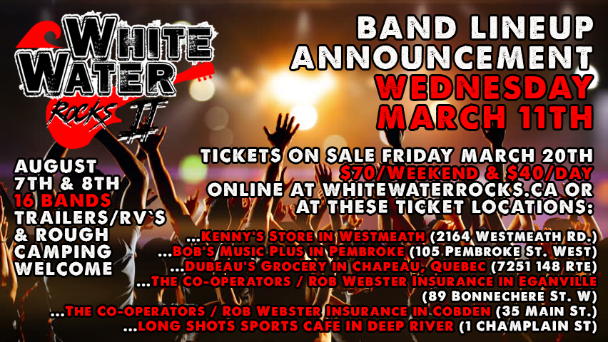 RocksWwr's tweet photo. BAND LINEUP ANNOUNCEMENT!!!!
Wednesday March 11th 10am White Water Rocks will announce our 2020 Bands Lineup and Launch our New and Improved White Water Rocks Website
https://t.co/CKH35MBXT1
..And wait there's MORE!!!!  Friday March 20th TICKETS
go ON-SALE at 10am https://t.co/RAdBoKy4Y8