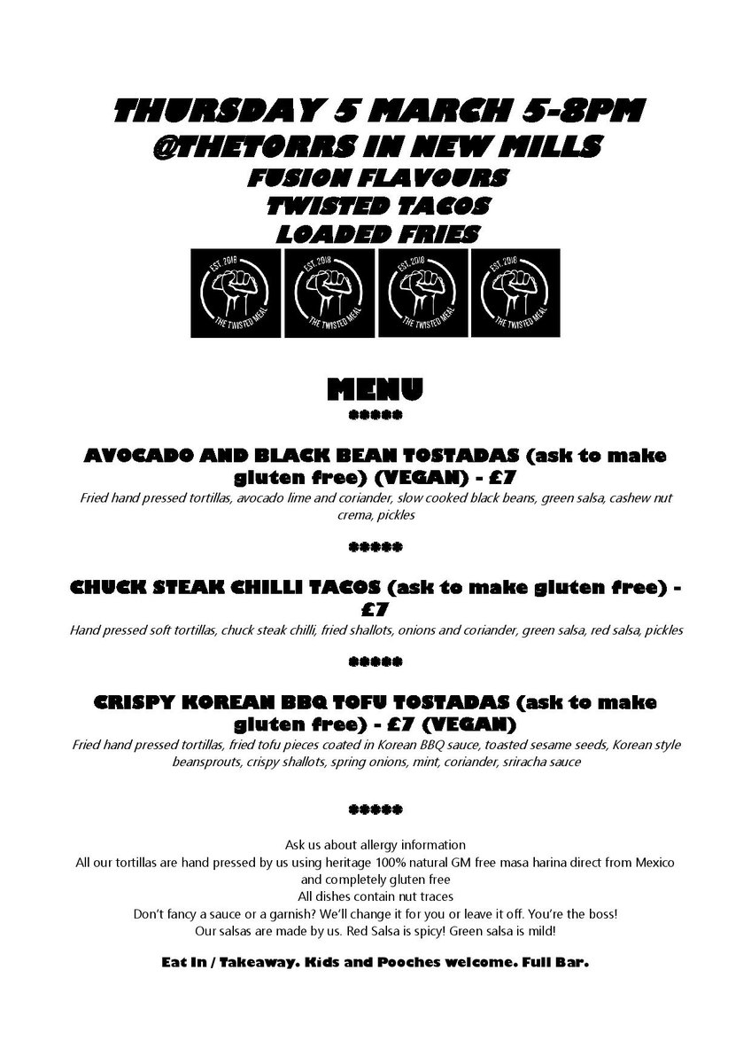 FoodfanStockpt's tweet photo. 20 mins till #TacoThursday starts @MealTwisted at @TheTorrs in #NewMills. Eat in/takeaway 5-8pm
Get here by train (New Mills Newtown, by #Swizzles) New Mills Central (& go #ShrubClub after) or by @StagecoachGM bus 358
We don't care how you get here, just get here if you can https://t.co/kzwFyGdS62