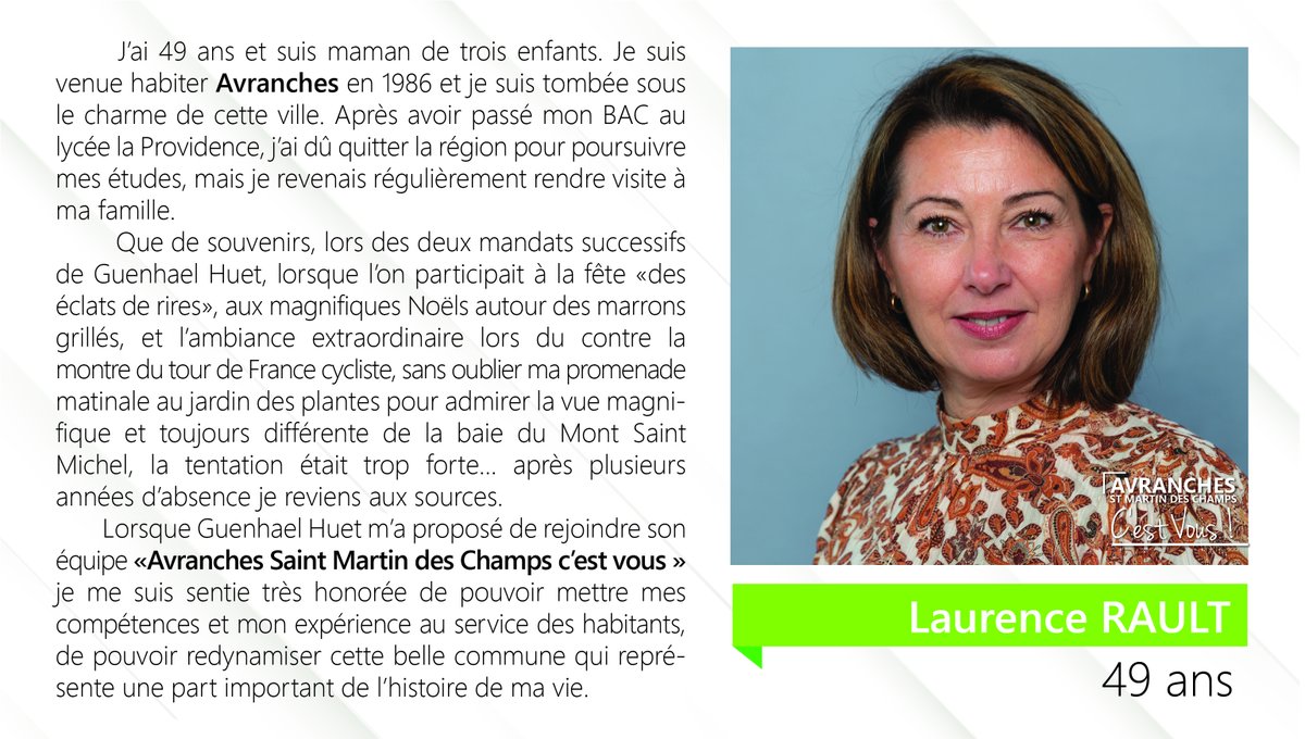 AvranchesC's tweet photo. Présentation de Laurence Rault de la liste Avranches - Saint Martin Des Champs c'est vous

#Election2020 #Municipales2020  #avranches #saintmartindeschamps #avranchessaintmartincestvous #manche #municipalesavranches #municipalessaintmartindeschamps https://t.co/GgkGdKEBl4