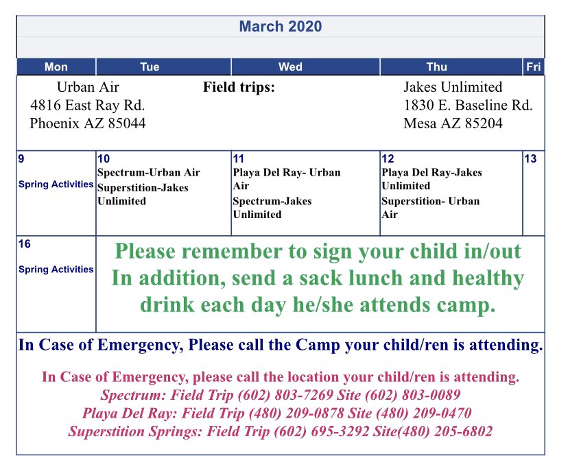 Spring Break Holiday Camps are next week, register now.