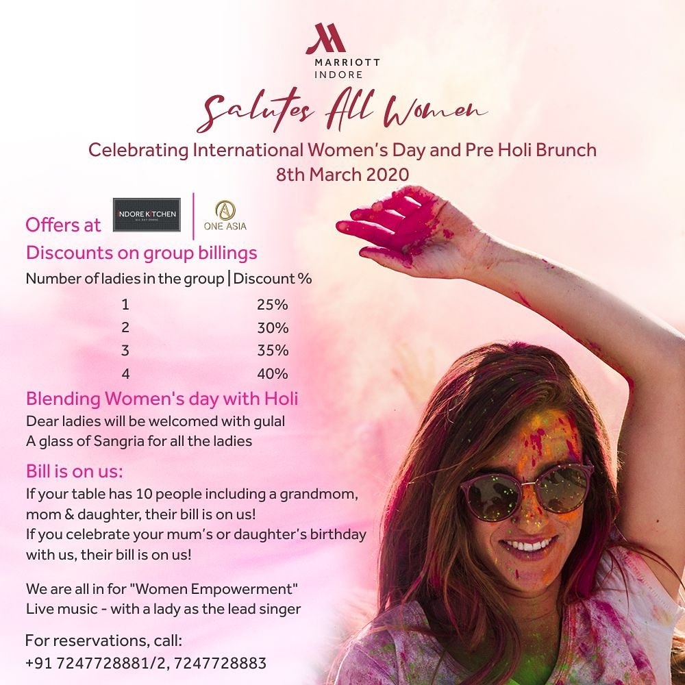 marriottidr's tweet photo. Exciting offers, delicious food, loads of fun , endless love! 
#IndoreMarriott is all set to welcome you all for a lovely blend of Women's day and Holi! 
Join us as we celebrate the festival and the ladies who bring colors to our life.
. 
 #Indore #EventsAtIndoreMarriott https://t.co/TfuRW189Mt