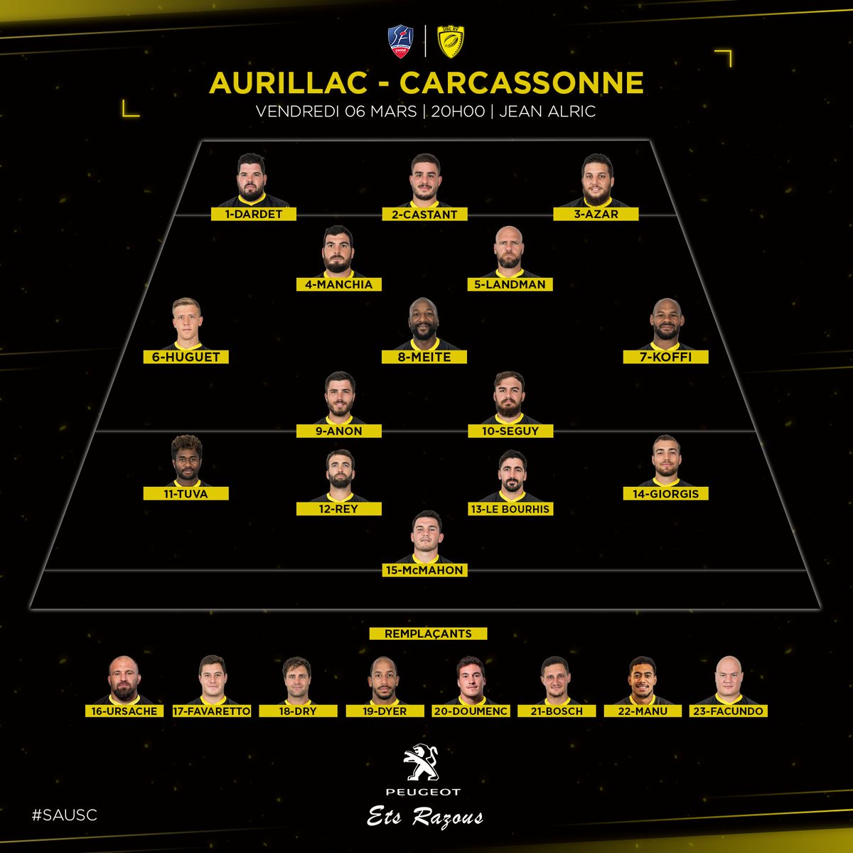 us_carcassonne's tweet photo. 👥 |  XV de départ #SAUSC

Découvrez les 23 Jaune&amp;Noir qui affronteront le @SArugbyofficiel demain à Jean-Alric !

Coup d'envoi à 20h00 ⚡️

#TeamUSC https://t.co/ql9pN4C2x5