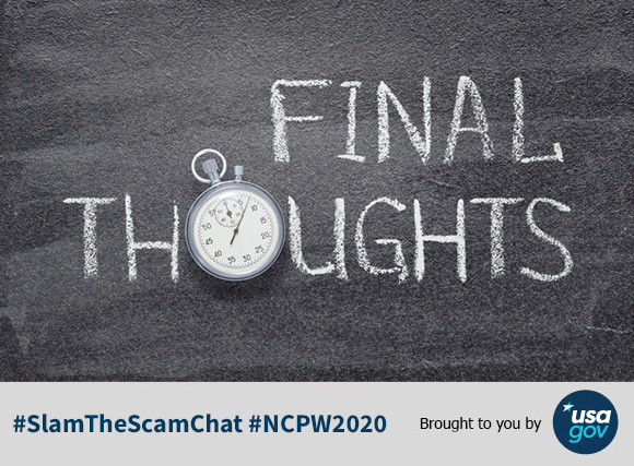 A9: Don't be fooled by potentially misleading offers and notices from private companies! Check our website for a list of some solicitations we’ve received complaints about. https://t.co/TKZW7BxMzH
#SlamTheScamChat #NCPW2020