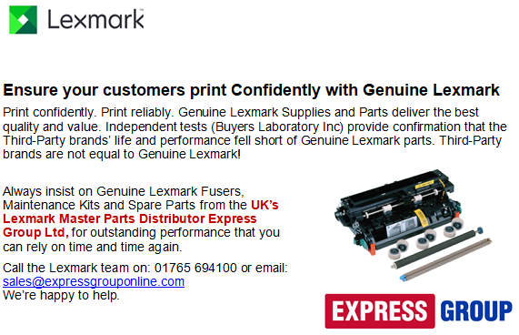 ExpressGroupLtd's tweet photo. When it comes to quality and value, nothing compares to Genuine Lexmark Fusers, Maintenance Kits and Spare Parts from the UK's Lexmark Master Spare Part Distributor Express Group Ltd, call the team on: 01765 694100 or email: sales@expressgrouponline.com we're happy to help. https://t.co/yX5z7lql5d