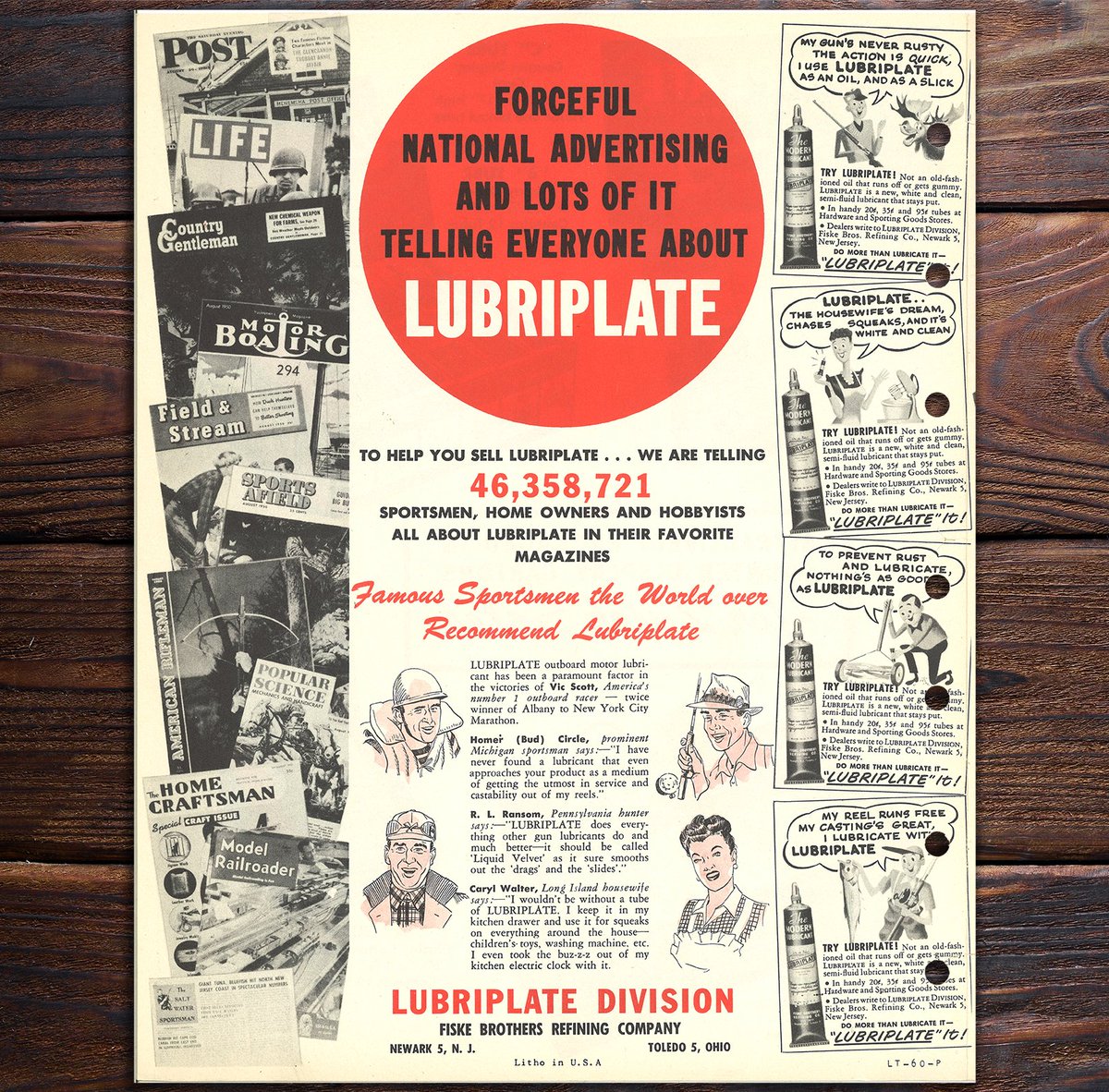 LubriplateLubes's tweet photo. "Forceful National Advertising And Lots Of It Telling Everyone About #Lubriplate" - #tbt
In 1950, we made a push to get the word out about The Modern Lubricant. With ads in Life and Field & Stream, we estimated reaching over 46 million people from all walks of life. https://t.co/r9JJASOar2