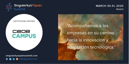 AMETIC_es's tweet photo. 📣Regístrate ahora a SingularityU Spain 2020 #SUSpainSummit y aprovéchate del descuento que te ofrece @CEOE_Campus
Conocerás los últimos avances en #TransformacionDigital a partir de la #innovacion tecnológica, inspiración y networking exclusivo
➡️https://t.co/07pUovE4SJ https://t.co/jqXtW4UEzl