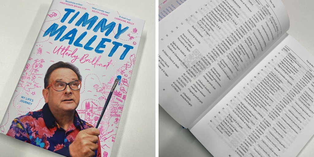 Photo of the front cover of Timmy Mallett's book. Photo of inside of book listing what3words addresses.