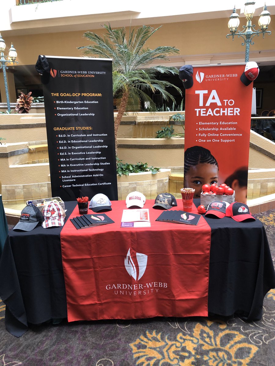 alex_gwu's tweet photo. Excited to be part of the North Carolina Association of Teacher Assistants Conference! Stop by the @gardnerwebb @gwu_goaldcp booth and check us out! #hatsofftoteacherassistants #ncata https://t.co/STTmLjRfDt