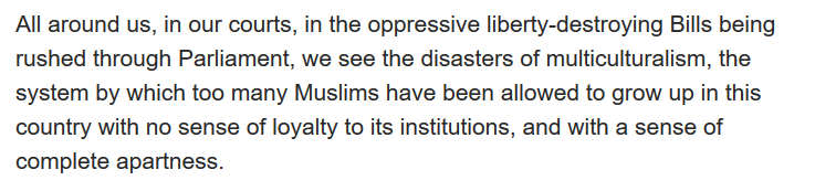 2006 and Boris Johnson describes multiculturalism as a "disaster" and yet again questions the loyalty to the UK of British Muslims. The whole article as archived here  http://archive.is/QSOMS  is ample evidence of Islamophobia, but this is the most disgraceful highlight: