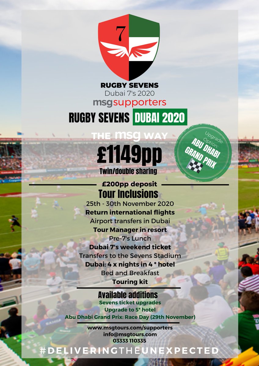 msgtours's tweet photo. ๐จ NEW TOUR ALERT ๐จ
Dubai Rugby 7๏ธ's 2020 | 25th - 30th Nov ๐ฆ๐ช
Join us at the @Dubai7s for a 3-day rugby carnival at the @SevensStadium in the Arabian Desert ๐
FIND OUT MORE โฌ๏ธโฌ๏ธโฌ๏ธ
https://t.co/Q9qIMSZjQ3
#MSGSupporters #Rugby7s #Dubai7s https://t.co/sbXKgL95Nl