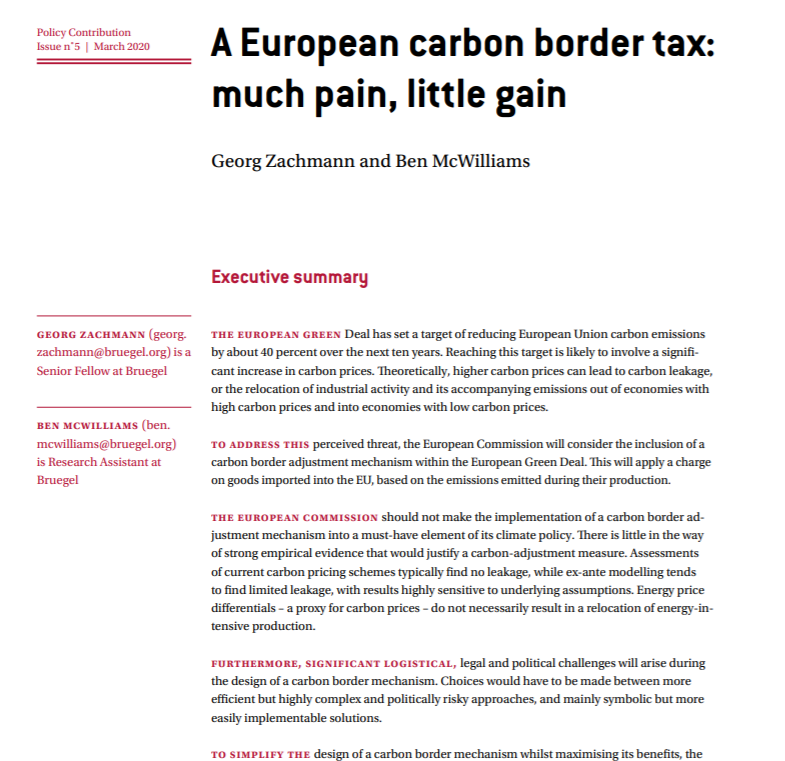 A European carbon border tax: much pain, little gain <a href="/McWilliamsBen/">Ben McWilliams</a> <a href="/GeorgZachmann/">Georg Zachmann</a> <a href="/bruegel_org/">Bruegel</a> bruegel.org/2020/03/a-euro…