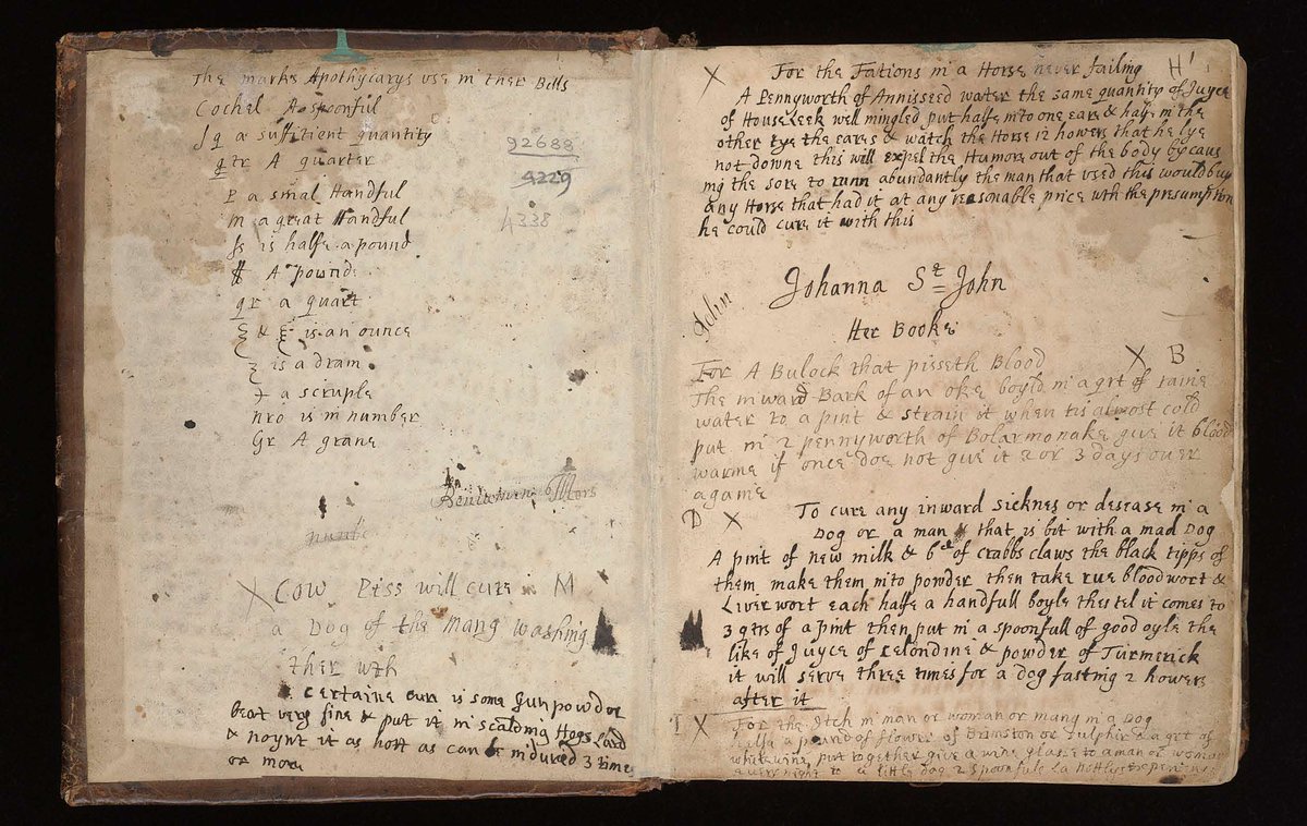 It's #WorldBookDay2020. Celebrating with Lady Johanna St.John's #17thCentury #RecipeBook, a fascinating collection of curatives and physicks now in the Wellcome Library. Plague? King's Evil? Sweating Sickness? #GotyouCovered. #FolkloreThursday #ThursdayThoughts